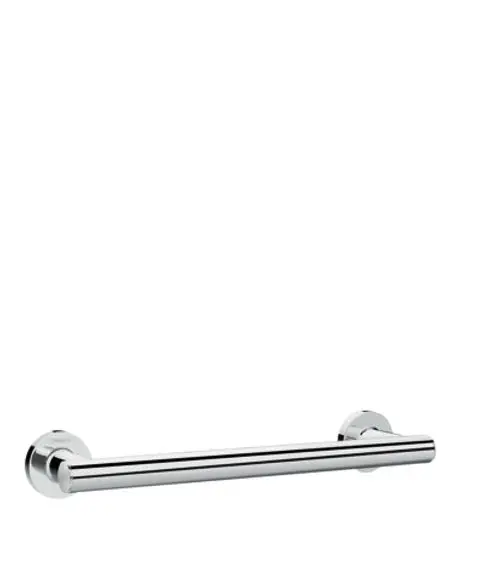Einfache Haltestange in Chromoptik, montiert an zwei runden Wandhalterungen. Produkt von Hansgrohe, geeignet für den Einsatz im Badezimmer oder in der Dusche.